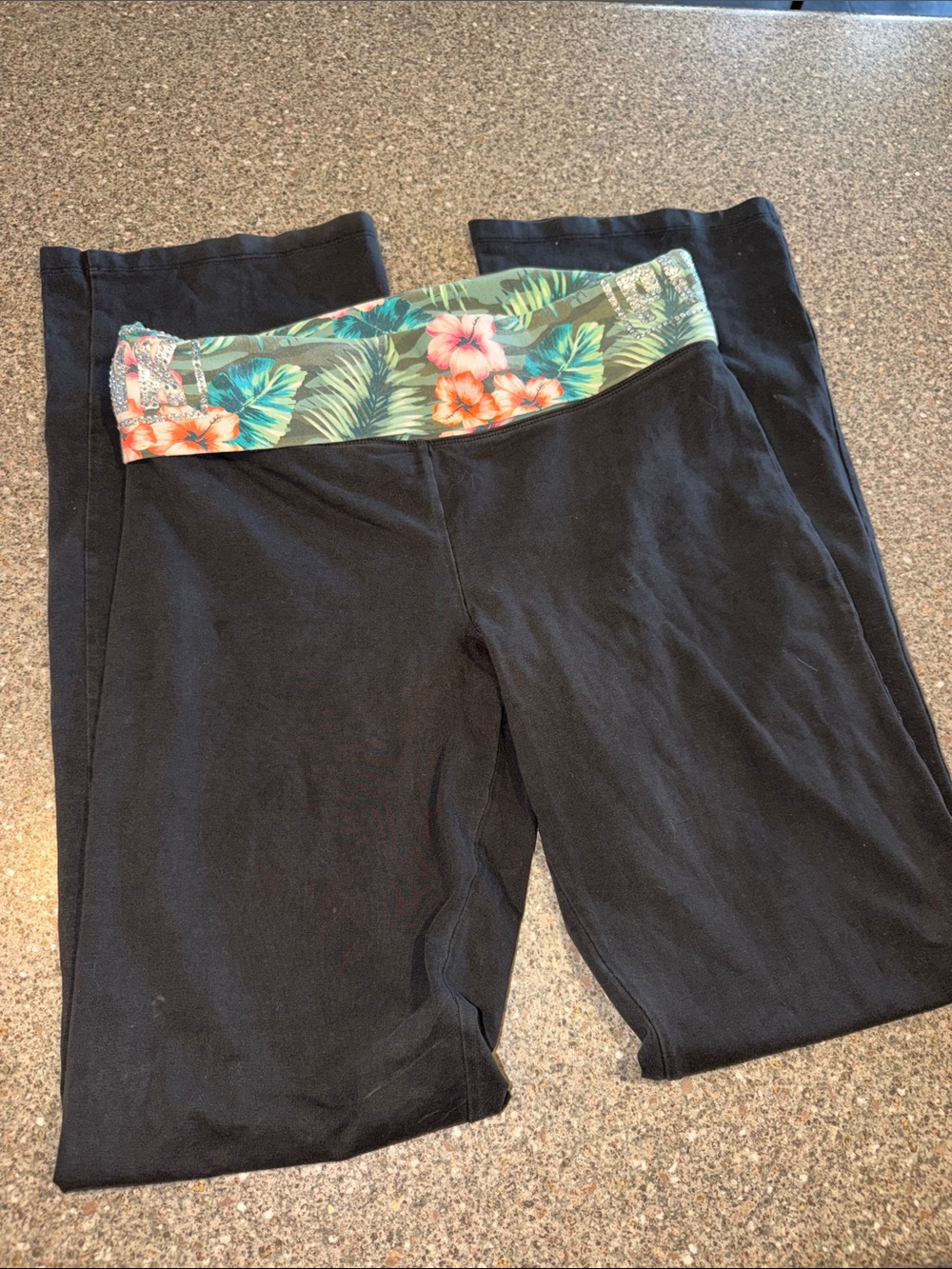 Pink Victorias Secret Fold Over Yoga pants Tropical Rhinestones - Y2k